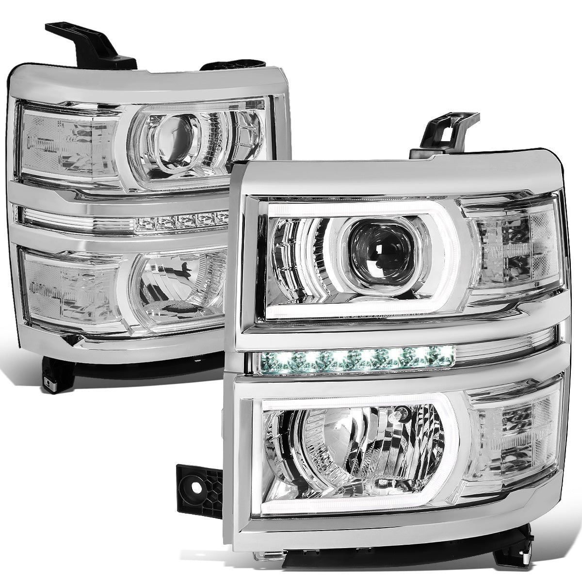 FAROS 14-15 CHEVROLET SILVERADO 1500 - LED DRL - CHROME HOUSING / CLEAR CORNER - H1 LOW BEAM / 9005 HIGH BEAM