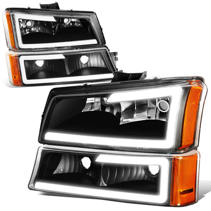 FAROS 03-06 CHEVY SILVERADO 1500, 2500, 3500 / 2007 CHEVY SILVERADO 1500, 2500, 3500 / 03-06 CHEVY AVALANCHE - FITS MODELS WITHOUT BODY CLADDING ONLY - FITS MODELS WITH HALOGEN HEADLIGHTS ONLY - LED DRL - 4PC - BLACK HOUSING / AMBER CORNER