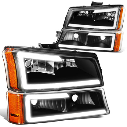 FAROS 03-06 CHEVY SILVERADO 1500, 2500, 3500 / 2007 CHEVY SILVERADO 1500, 2500, 3500 / 03-06 CHEVY AVALANCHE - FITS MODELS WITHOUT BODY CLADDING ONLY - FITS MODELS WITH HALOGEN HEADLIGHTS ONLY - LED DRL - 4PC - BLACK HOUSING / AMBER CORNER