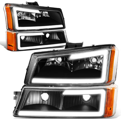 FAROS 03-06 CHEVY SILVERADO 1500, 2500, 3500 / 2007 CHEVY SILVERADO 1500, 2500, 3500 / 03-06 CHEVY AVALANCHE - FITS MODELS WITHOUT BODY CLADDING ONLY - FITS MODELS WITH HALOGEN HEADLIGHTS ONLY - LED DRL - 4PC - BLACK HOUSING / AMBER CORNER