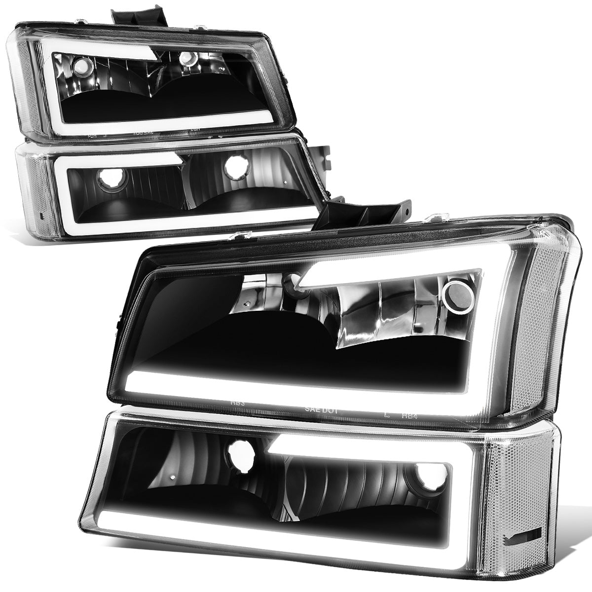 FAROS 03-06 CHEVY SILVERADO 1500, 2500, 3500 / 2007 CHEVY SILVERADO 1500, 2500, 3500 / 03-06 CHEVY AVALANCHE - FITS MODELS WITHOUT BODY CLADDING ONLY - FITS MODELS WITH HALOGEN HEADLIGHTS ONLY - LED DRL - 4PC - BLACK HOUSING / CLEAR CORNER