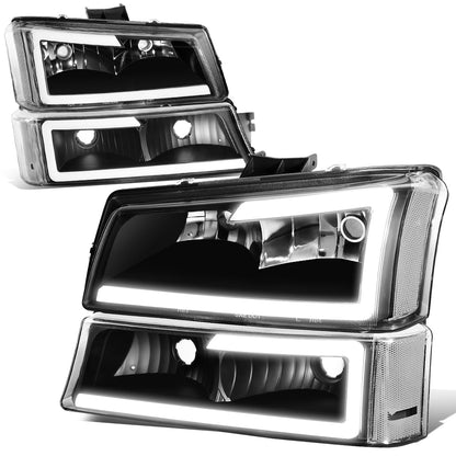 FAROS 03-06 CHEVY SILVERADO 1500, 2500, 3500 / 2007 CHEVY SILVERADO 1500, 2500, 3500 / 03-06 CHEVY AVALANCHE - FITS MODELS WITHOUT BODY CLADDING ONLY - FITS MODELS WITH HALOGEN HEADLIGHTS ONLY - LED DRL - 4PC - BLACK HOUSING / CLEAR CORNER