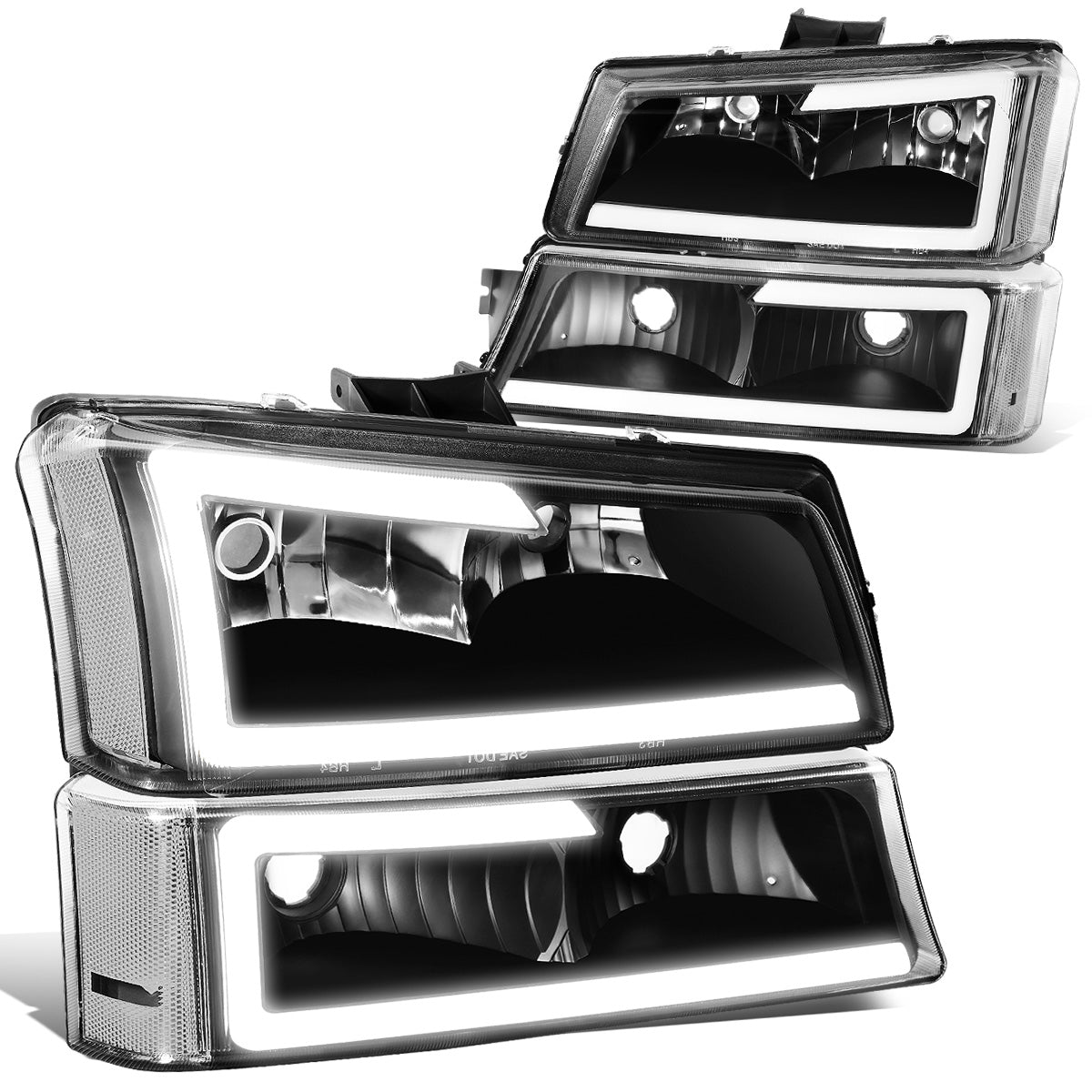 FAROS 03-06 CHEVY SILVERADO 1500, 2500, 3500 / 2007 CHEVY SILVERADO 1500, 2500, 3500 / 03-06 CHEVY AVALANCHE - FITS MODELS WITHOUT BODY CLADDING ONLY - FITS MODELS WITH HALOGEN HEADLIGHTS ONLY - LED DRL - 4PC - BLACK HOUSING / CLEAR CORNER