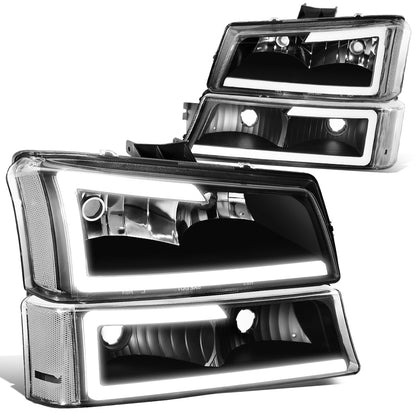 FAROS 03-06 CHEVY SILVERADO 1500, 2500, 3500 / 2007 CHEVY SILVERADO 1500, 2500, 3500 / 03-06 CHEVY AVALANCHE - FITS MODELS WITHOUT BODY CLADDING ONLY - FITS MODELS WITH HALOGEN HEADLIGHTS ONLY - LED DRL - 4PC - BLACK HOUSING / CLEAR CORNER