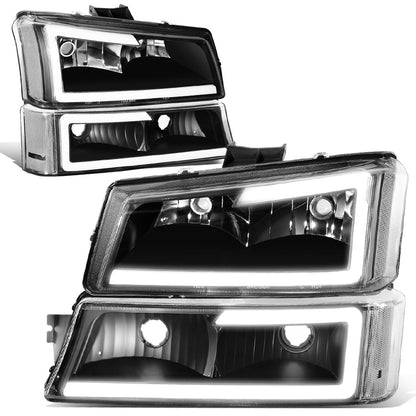 FAROS 03-06 CHEVY SILVERADO 1500, 2500, 3500 / 2007 CHEVY SILVERADO 1500, 2500, 3500 / 03-06 CHEVY AVALANCHE - FITS MODELS WITHOUT BODY CLADDING ONLY - FITS MODELS WITH HALOGEN HEADLIGHTS ONLY - LED DRL - 4PC - BLACK HOUSING / CLEAR CORNER