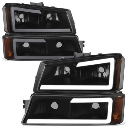 FAROS 03-06 CHEVY SILVERADO 1500, 2500, 3500 / 2007 CHEVY SILVERADO 1500, 2500, 3500 / 03-06 CHEVY AVALANCHE - FITS MODELS WITHOUT BODY CLADDING ONLY - FITS MODELS WITH HALOGEN HEADLIGHTS ONLY - LED DRL - 4PC - BLACK HOUSING / AMBER CORNER / SMOKE LENS