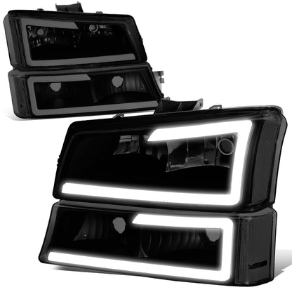 FAROS 03-06 CHEVY SILVERADO 1500, 2500, 3500 / 2007 CHEVY SILVERADO 1500, 2500, 3500 / 03-06 CHEVY AVALANCHE - FITS MODELS WITHOUT BODY CLADDING ONLY - FITS MODELS WITH HALOGEN HEADLIGHTS ONLY - LED DRL - 4PC - BLACK HOUSING / CLEAR CORNER / SMOKE LENS