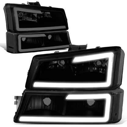 FAROS 03-06 CHEVY SILVERADO 1500, 2500, 3500 / 2007 CHEVY SILVERADO 1500, 2500, 3500 / 03-06 CHEVY AVALANCHE - FITS MODELS WITHOUT BODY CLADDING ONLY - FITS MODELS WITH HALOGEN HEADLIGHTS ONLY - LED DRL - 4PC - BLACK HOUSING / CLEAR CORNER / SMOKE LENS
