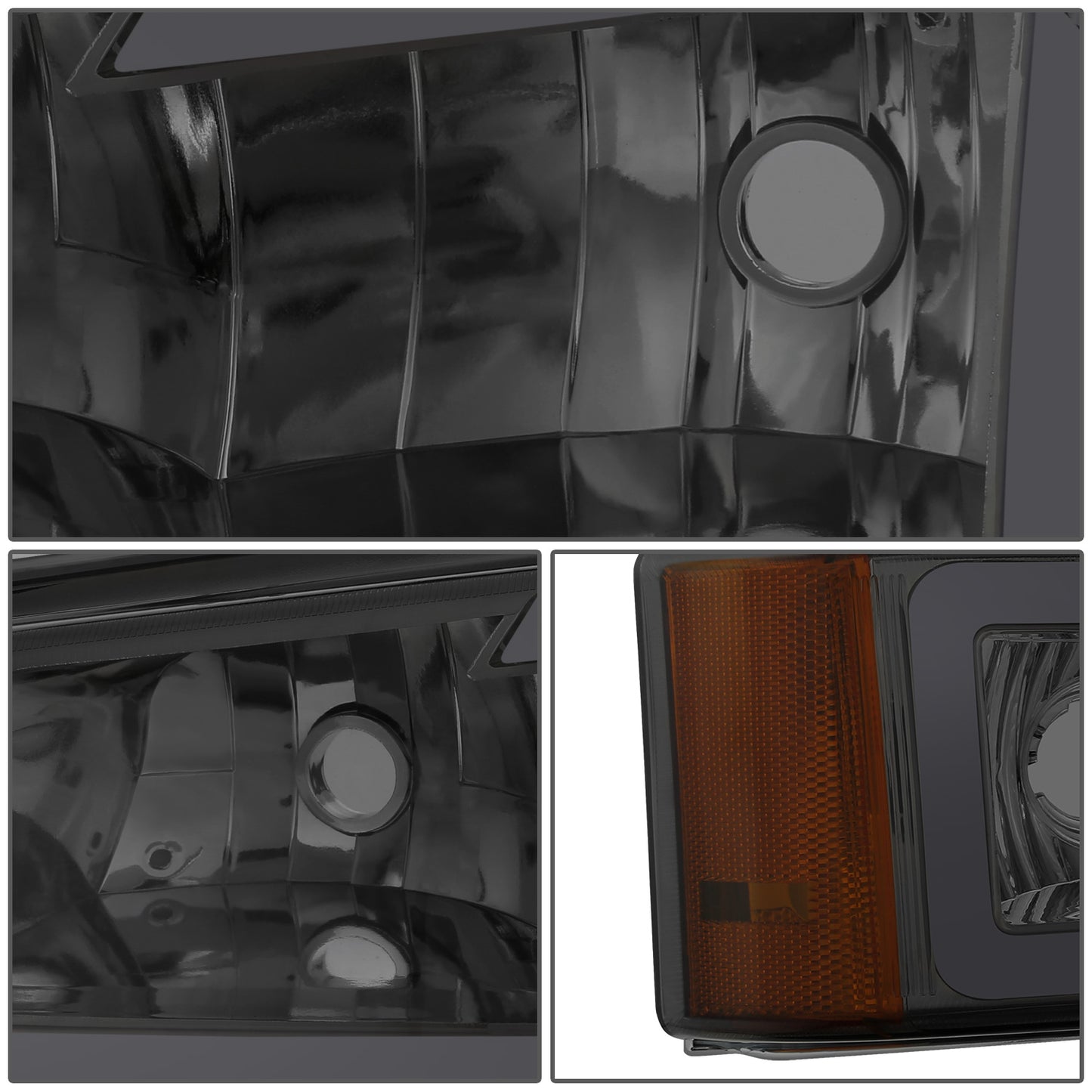 FAROS 03-06 CHEVY SILVERADO 1500, 2500, 3500 / 2007 CHEVY SILVERADO 1500, 2500, 3500 / 03-06 CHEVY AVALANCHE - FITS MODELS WITHOUT BODY CLADDING ONLY - FITS MODELS WITH HALOGEN HEADLIGHTS ONLY - LED DRL - 4PC - SMOKE HOUSING / AMBER CORNER