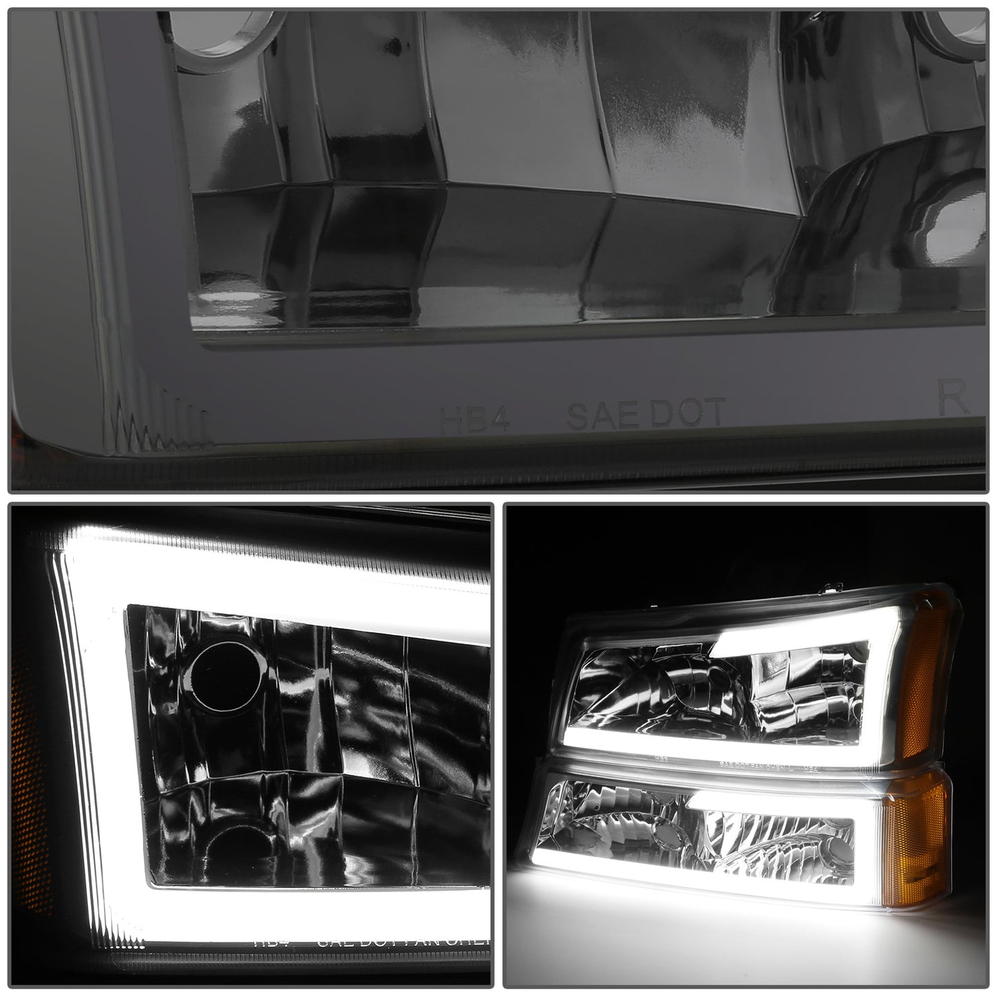 FAROS 03-06 CHEVY SILVERADO 1500, 2500, 3500 / 2007 CHEVY SILVERADO 1500, 2500, 3500 / 03-06 CHEVY AVALANCHE - FITS MODELS WITHOUT BODY CLADDING ONLY - FITS MODELS WITH HALOGEN HEADLIGHTS ONLY - LED DRL - 4PC - SMOKE HOUSING / AMBER CORNER