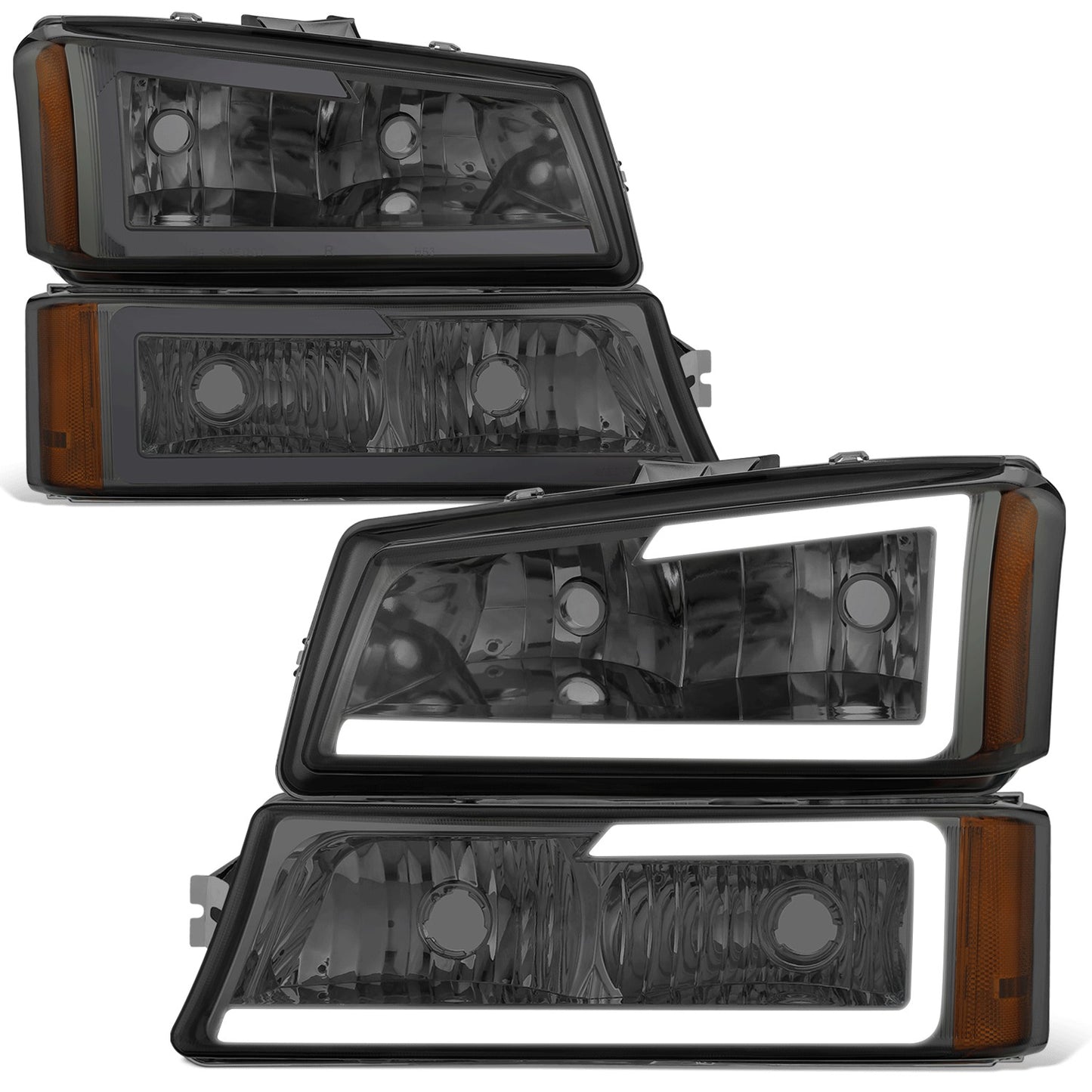 FAROS 03-06 CHEVY SILVERADO 1500, 2500, 3500 / 2007 CHEVY SILVERADO 1500, 2500, 3500 / 03-06 CHEVY AVALANCHE - FITS MODELS WITHOUT BODY CLADDING ONLY - FITS MODELS WITH HALOGEN HEADLIGHTS ONLY - LED DRL - 4PC - SMOKE HOUSING / AMBER CORNER