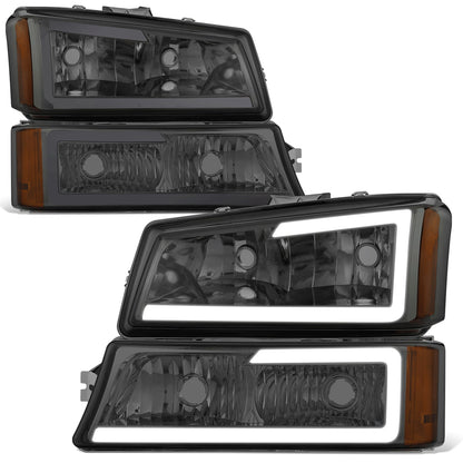 FAROS 03-06 CHEVY SILVERADO 1500, 2500, 3500 / 2007 CHEVY SILVERADO 1500, 2500, 3500 / 03-06 CHEVY AVALANCHE - FITS MODELS WITHOUT BODY CLADDING ONLY - FITS MODELS WITH HALOGEN HEADLIGHTS ONLY - LED DRL - 4PC - SMOKE HOUSING / AMBER CORNER