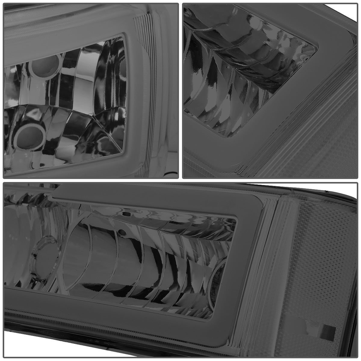 FAROS 03-06 CHEVY SILVERADO 1500, 2500, 3500 / 2007 CHEVY SILVERADO 1500, 2500, 3500 / 03-06 CHEVY AVALANCHE - FITS MODELS WITHOUT BODY CLADDING ONLY - FITS MODELS WITH HALOGEN HEADLIGHTS ONLY - LED DRL - 4PC - SMOKE HOUSING / CLEAR CORNER