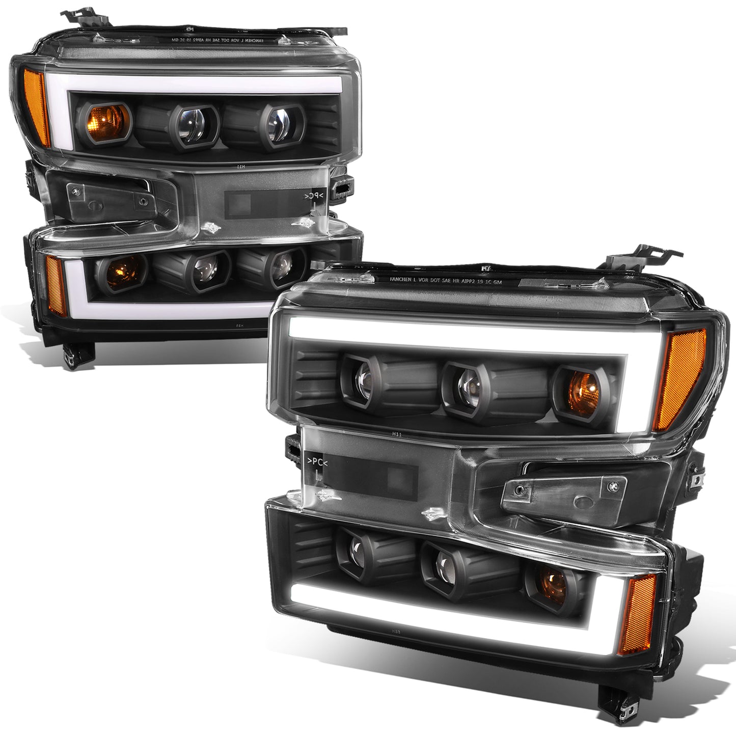 FAROS 19-21 CHEVY SILVERADO 1500 WT/CUSTOM/TRAIL BOSS ONLY / 22 SILVERADO 1500 LTD - LED DRL - QUAD PROJECTOR - BLACK HOUSING / AMBER CORNER - H1 HIGH / H1 LOW / 7444 SIGNAL - DOES NOT FIT FACTORY LED MODELS