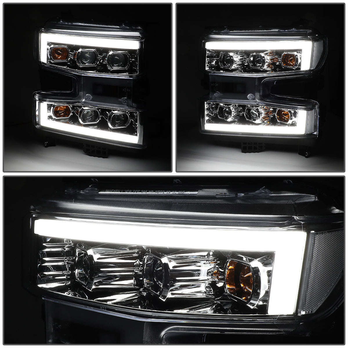 FAROS 19-21 CHEVY SILVERADO 1500 WT/CUSTOM/TRAIL BOSS ONLY / 22 SILVERADO 1500 LTD - LED DRL - QUAD PROJECTOR - CHROME HOUSING / CLEAR CORNER - H1 HIGH / H1 LOW / 7444 SIGNAL - DOES NOT FIT FACTORY LED MODELS