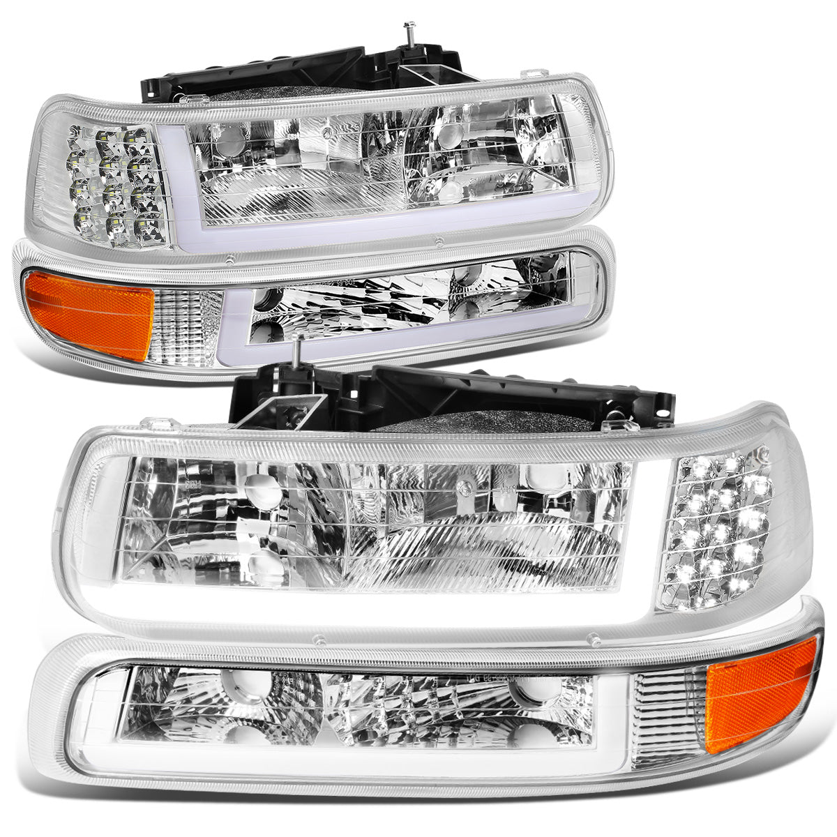 FAROS 99-02 CHEVY SILVERADO 1500, 2500 / 01-02 CHEVY SILVERADO 1500HD, SILVERADO 2500HD, SILVERADO 3500 / 00-06 CHEVY SUBURBAN 1500, SUBURBAN 2500, TAHOE - LED DRL - DRL REQUIRES WIRING INTO EXISTING LIGHTING HARNESS - 4PC - CHROME HOUSING / AMBER CORNER