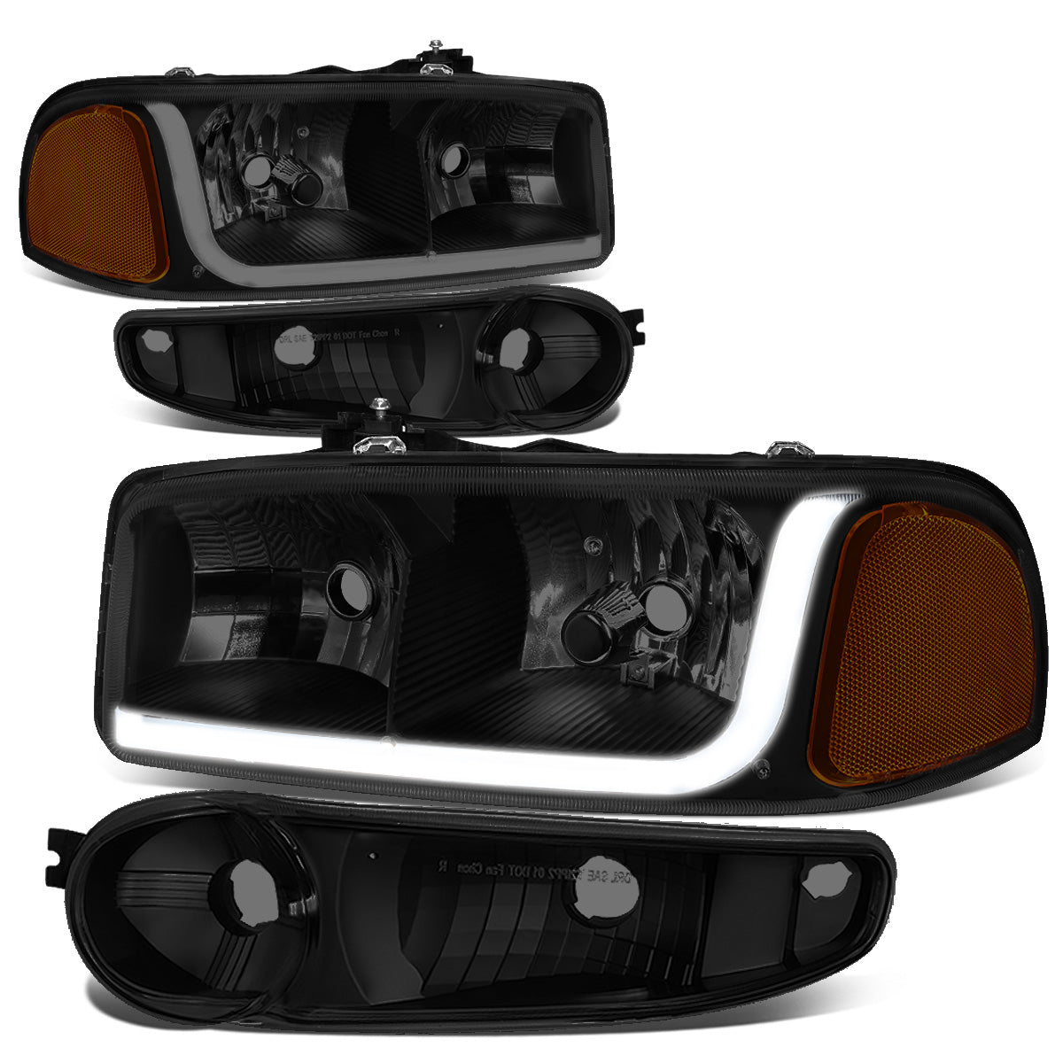 FAROS 2001 GMC SIERRA C3 / 02-06 GMC SIERRA 1500 DENALI / 01-06 GMC YUKON DENALI, YUKON XL 1500 DENALI / 2007 GMC SIERRA 1500 DENALI - LED DRL - 4PC - BLACK HOUSING / AMBER CORNER / SMOKE LENS