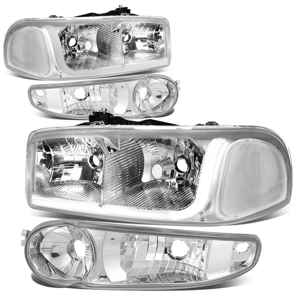 FAROS 2001 GMC SIERRA C3 / 02-06 GMC SIERRA 1500 DENALI / 01-06 GMC YUKON DENALI, YUKON XL 1500 DENALI / 2007 GMC SIERRA 1500 DENALI - LED DRL - 4PC - CHROME HOUSING / CLEAR CORNER