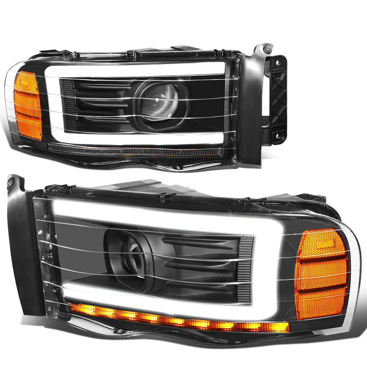 FAROS 02-05 DODGE RAM 1500 2500 3500 - LED DRL - PROJECTOR - BLACK HOUSING / AMBER CORNER - H7 HIGH / LOW BEAM / LED SIGNAL