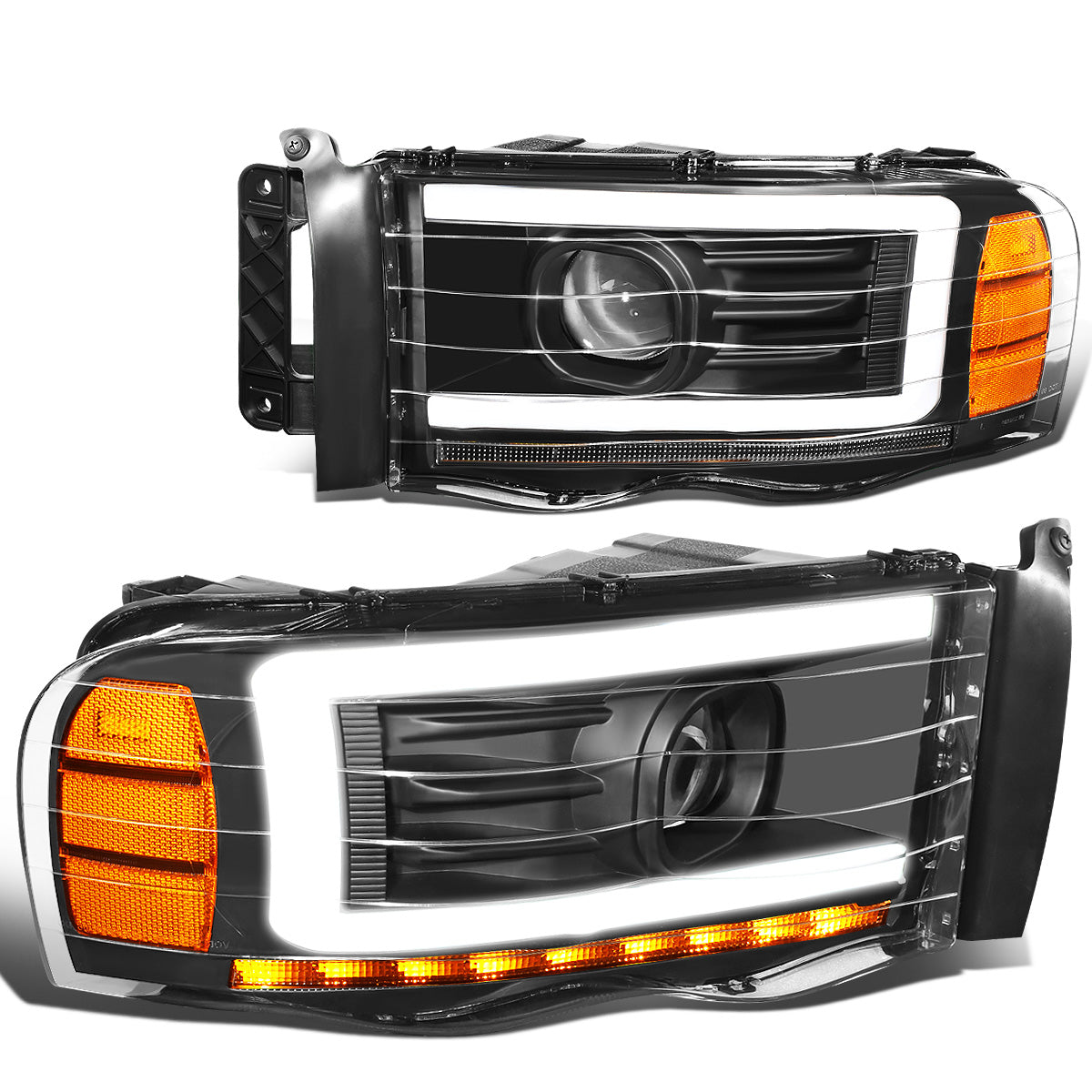 FAROS 02-05 DODGE RAM 1500 2500 3500 - LED DRL - PROJECTOR - BLACK HOUSING / AMBER CORNER - H7 HIGH / LOW BEAM / LED SIGNAL
