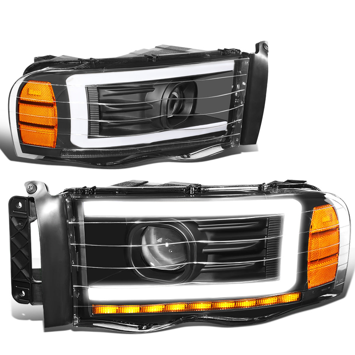 FAROS 02-05 DODGE RAM 1500 2500 3500 - LED DRL - PROJECTOR - BLACK HOUSING / AMBER CORNER - H7 HIGH / LOW BEAM / LED SIGNAL