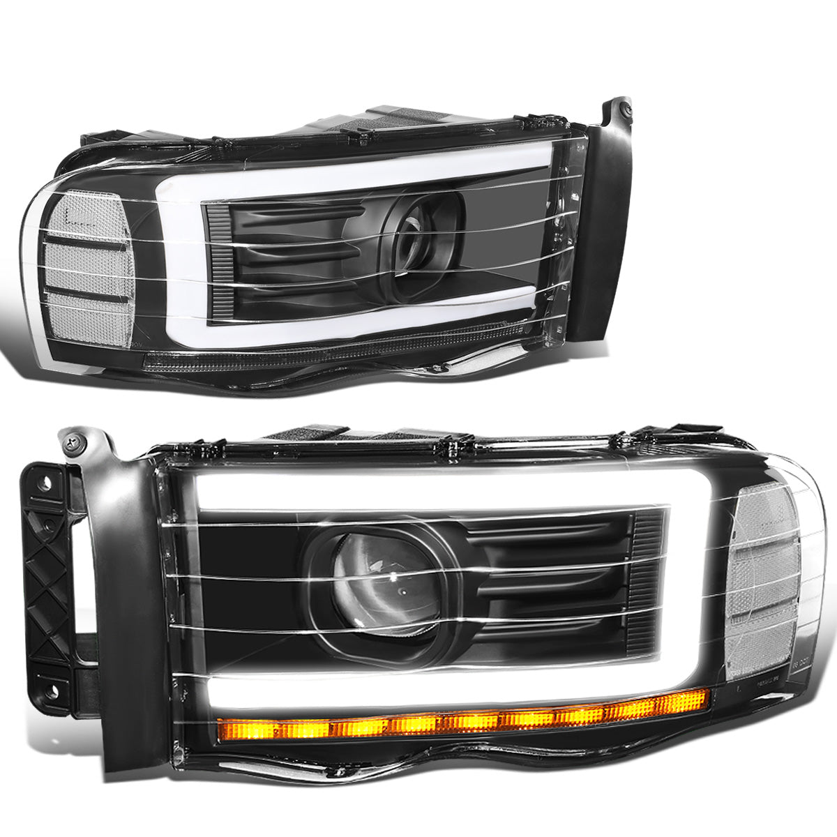 FAROS 02-05 DODGE RAM 1500 2500 3500 - LED DRL - PROJECTOR - BLACK HOUSING / CLEAR CORNER - H7 HIGH / LOW BEAM / LED SIGNAL