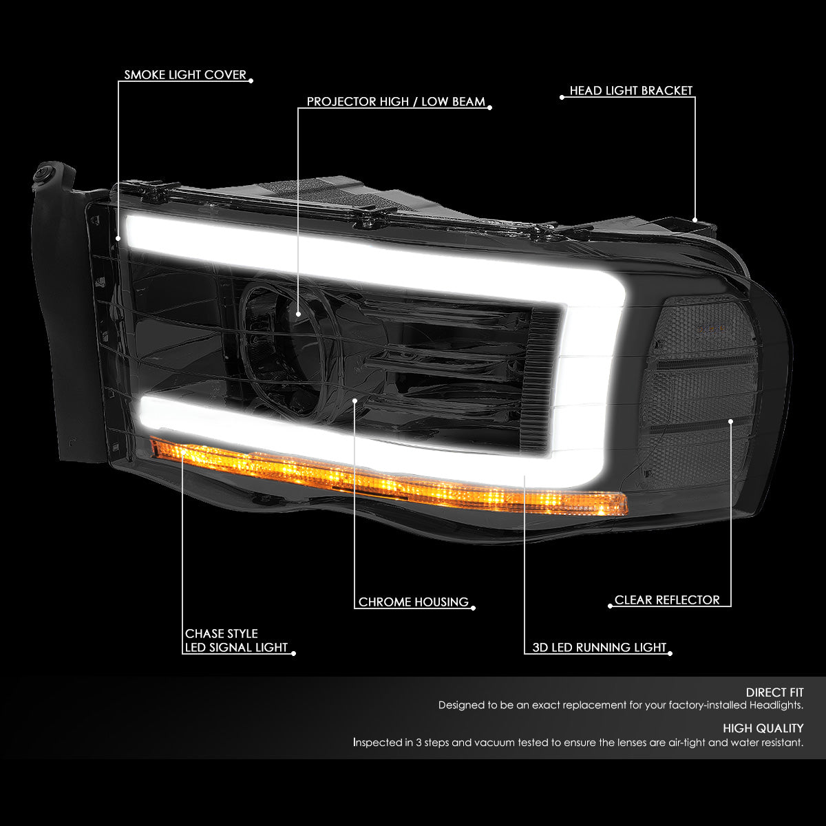 FAROS 02-05 DODGE RAM 1500 2500 3500 - LED DRL - PROJECTOR - SMOKE HOUSING / CLEAR CORNER - H7 HIGH / LOW BEAM / LED SIGNAL