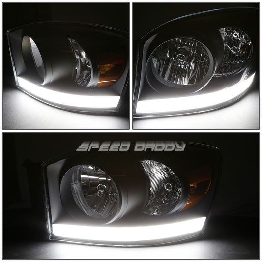 FAROS 06-08 DODGE RAM 1500 / 06-09 RAM 2500 , 3500 2/4-DOOR - FOR 2009 , FIT OLD BODY STYLE ONLY - DOES NOT FIT NEW BODY STYLE MODELS - STOCK HEADLIGHTS WITHOUT AMBER BAR - LED DRL - BLACK HOUSING / AMBER CORNER - H13 LOW BEAM / HIGH BEAM