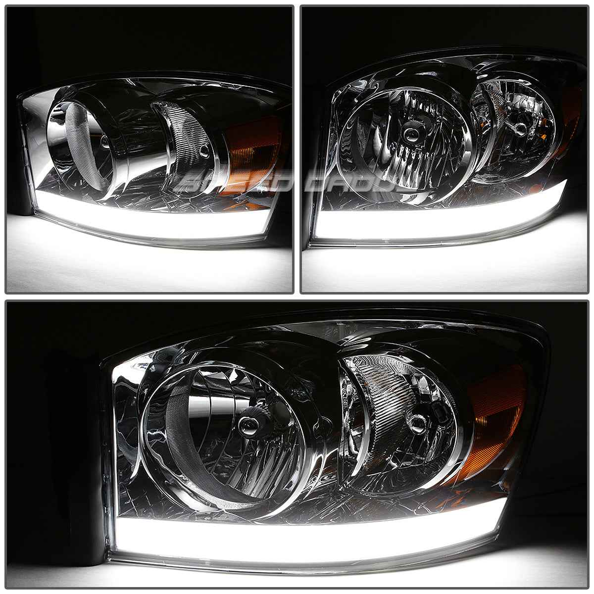 FAROS 06-08 DODGE RAM 1500 / 06-09 RAM 2500 , 3500 2/4-DOOR - FOR 2009 , FIT OLD BODY STYLE ONLY - DOES NOT FIT NEW BODY STYLE MODELS - STOCK HEADLIGHTS WITHOUT AMBER BAR - LED DRL - CHROME HOUSING / AMBER CORNER - H13 LOW BEAM / HIGH BEAM