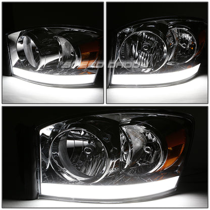 FAROS 06-08 DODGE RAM 1500 / 06-09 RAM 2500 , 3500 2/4-DOOR - FOR 2009 , FIT OLD BODY STYLE ONLY - DOES NOT FIT NEW BODY STYLE MODELS - STOCK HEADLIGHTS WITHOUT AMBER BAR - LED DRL - CHROME HOUSING / AMBER CORNER - H13 LOW BEAM / HIGH BEAM