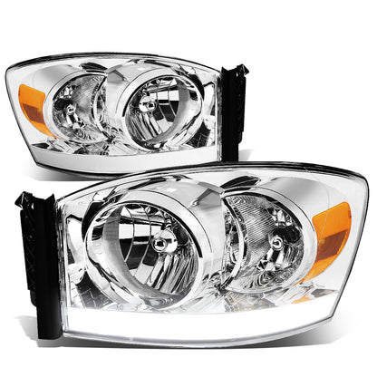 FAROS 06-08 DODGE RAM 1500 / 06-09 RAM 2500 , 3500 2/4-DOOR - FOR 2009 , FIT OLD BODY STYLE ONLY - DOES NOT FIT NEW BODY STYLE MODELS - STOCK HEADLIGHTS WITHOUT AMBER BAR - LED DRL - CHROME HOUSING / AMBER CORNER - H13 LOW BEAM / HIGH BEAM