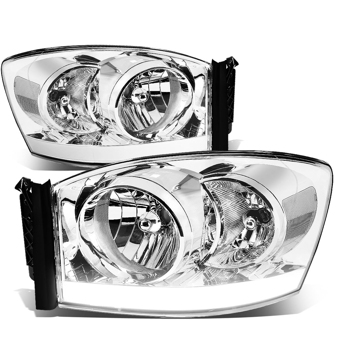 FAROS 06-08 DODGE RAM 1500 / 06-09 RAM 2500 , 3500 2/4-DOOR - FOR 2009 , FIT OLD BODY STYLE ONLY - DOES NOT FIT NEW BODY STYLE MODELS - STOCK HEADLIGHTS WITHOUT AMBER BAR - LED DRL - CHROME HOUSING / CLEAR CORNER - H13 LOW BEAM / HIGH BEAM