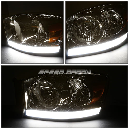 FAROS 06-08 DODGE RAM 1500 / 06-09 RAM 2500 , 3500 2/4-DOOR - FOR 2009 , FIT OLD BODY STYLE ONLY - DOES NOT FIT NEW BODY STYLE MODELS - STOCK HEADLIGHTS WITHOUT AMBER BAR - LED DRL - SMOKE HOUSING / AMBER CORNER - H13 LOW BEAM / HIGH BEAM