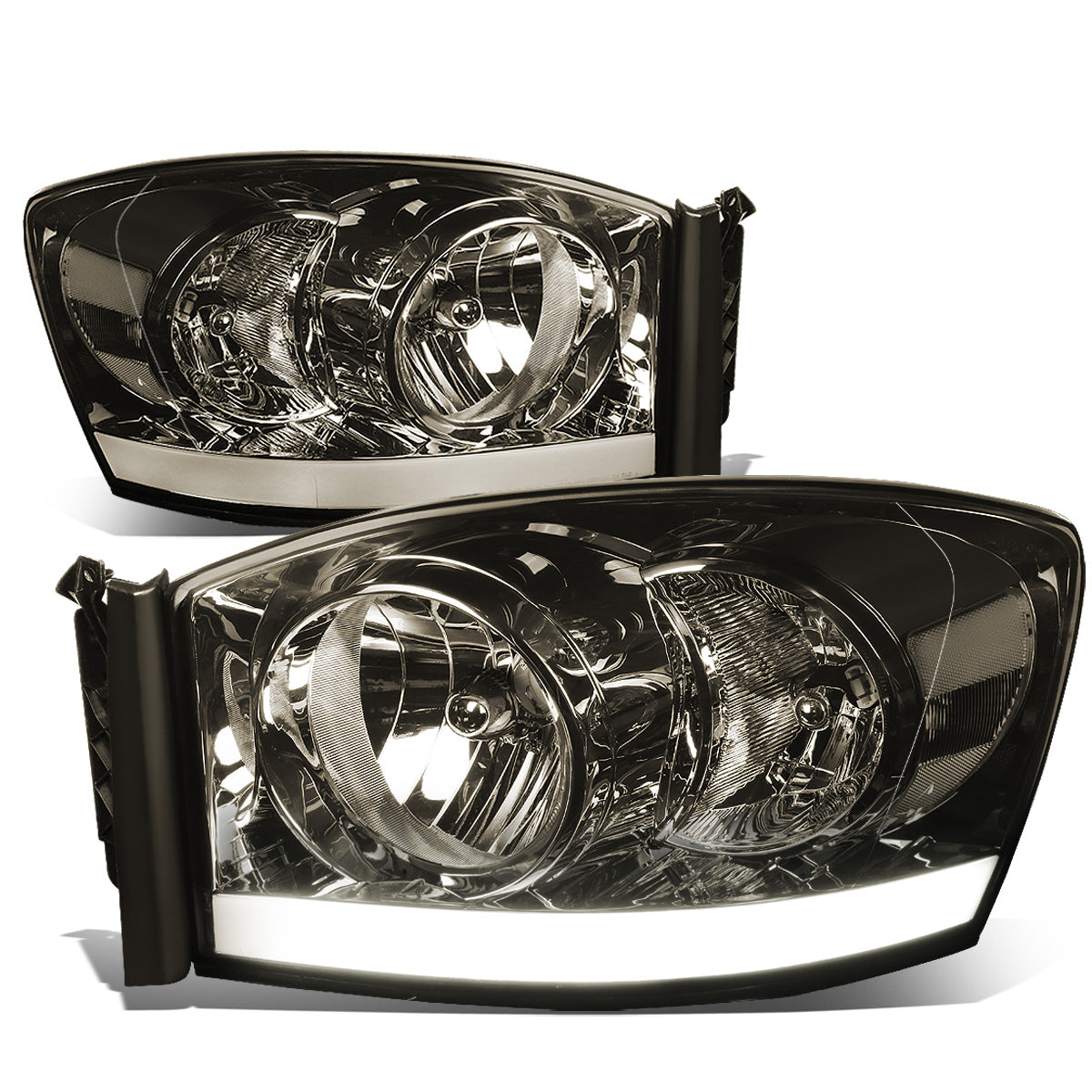 FAROS 06-08 DODGE RAM 1500 / 06-09 RAM 2500 , 3500 2/4-DOOR - FOR 2009 , FIT OLD BODY STYLE ONLY - DOES NOT FIT NEW BODY STYLE MODELS - STOCK HEADLIGHTS WITHOUT AMBER BAR - LED DRL - SMOKE HOUSING / CLEAR CORNER - H13 LOW BEAM / HIGH BEAM