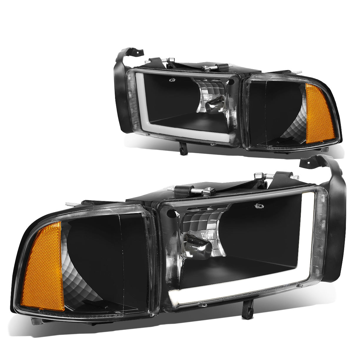 FAROS 94-01 DODGE RAM 1500 / 94-02 DODGE RAM 2500 3500 - DOES NOT FIT SPORT MODELS - LED DRL - BLACK HOUSING / AMBER CORNER - 9004 LOW BEAM / HIGH BEAM