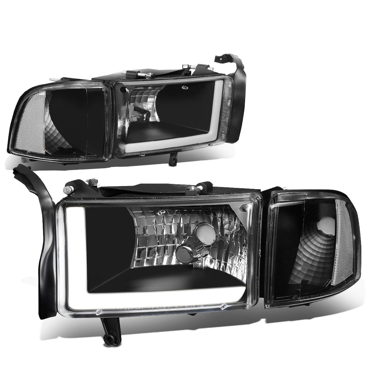 FAROS 94-01 DODGE RAM 1500 / 94-02 DODGE RAM 2500 3500 - DOES NOT FIT SPORT MODELS - LED DRL - BLACK HOUSING / CLEAR CORNER - 9004 LOW BEAM / HIGH BEAM