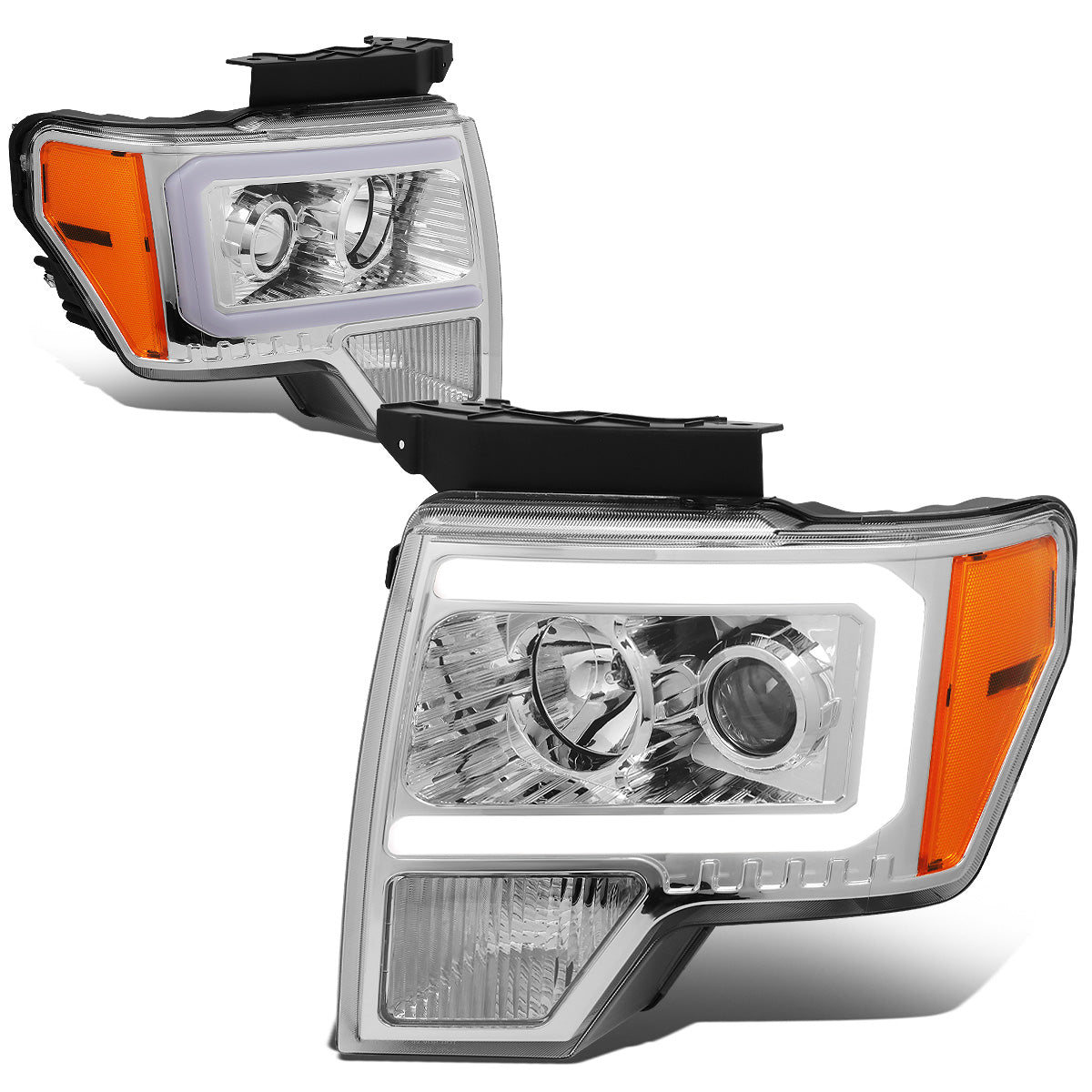 FAROS 09-14 FORD F-150 - ONLY FITS MODELS WITH HALOGEN HEADLIGHTS WITHOUT PROJECTOR - DAYTIME RUNNING LIGHT BAR REQUIRES WIRING INTO EXISTING LIGHTING HARNESS - ONLY FITS MODELS WITH COMPOSITE HEADLIGHTS - LED DRL - PROJECTOR LOW BEAM - CHROME HOUSING /