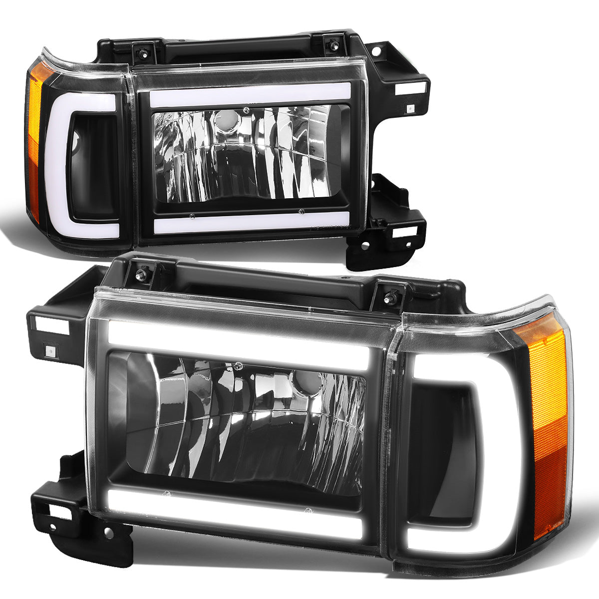 FAROS 87-91 FORD BRONCO - 81-91 FORD F-150 / 87-91 FORD F-250 / 87-91 FORD F-350 - LED DRL - BLACK HOUSING / AMBER CORNER - 9004 HIGH BEAM / LOW BEAM / 3157 SIGNAL