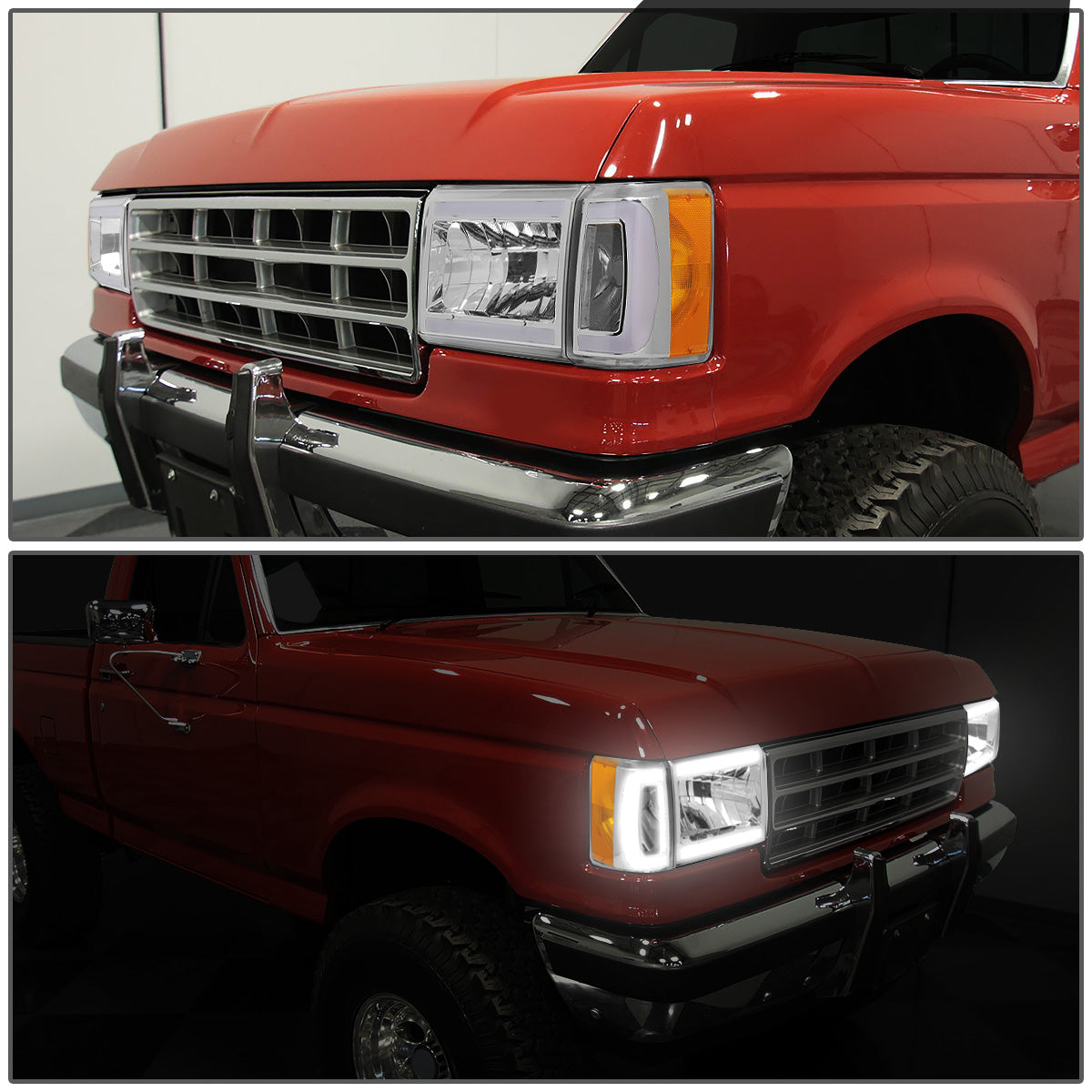 FAROS 87-91 FORD BRONCO - 81-91 FORD F-150 / 87-91 FORD F-250 / 87-91 FORD F-350 - LED DRL - CHROME HOUSING / AMBER CORNER - 9004 HIGH BEAM / LOW BEAM / 3157 SIGNAL