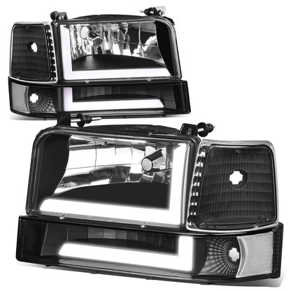 FAROS 92-96 FORD F-150, F-250, F-350 BRONCO - FITS MODELS WITH HALOGEN HEADLIGHTS ONLY - DUAL LED DRL - 4PC - BLACK HOUSING / CLEAR CORNER