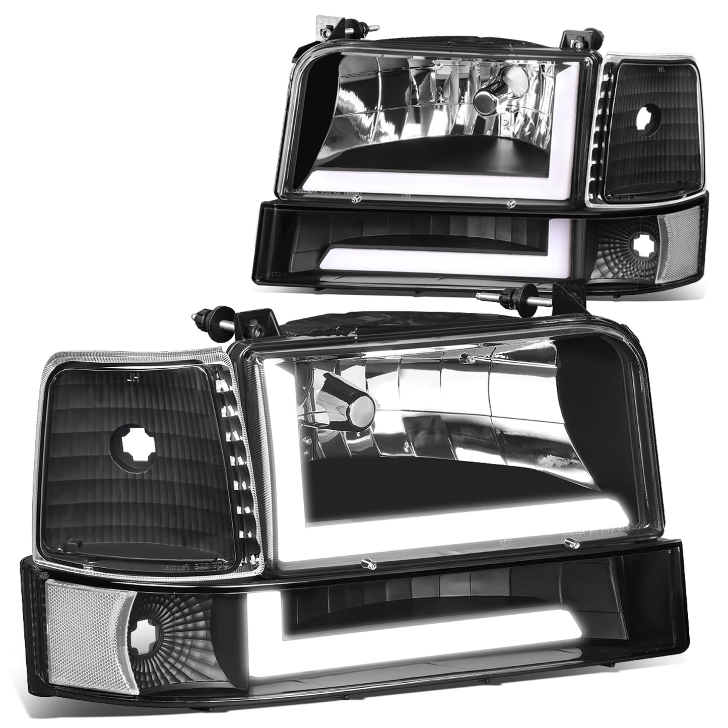 FAROS 92-96 FORD F-150, F-250, F-350 BRONCO - FITS MODELS WITH HALOGEN HEADLIGHTS ONLY - DUAL LED DRL - 4PC - BLACK HOUSING / CLEAR CORNER