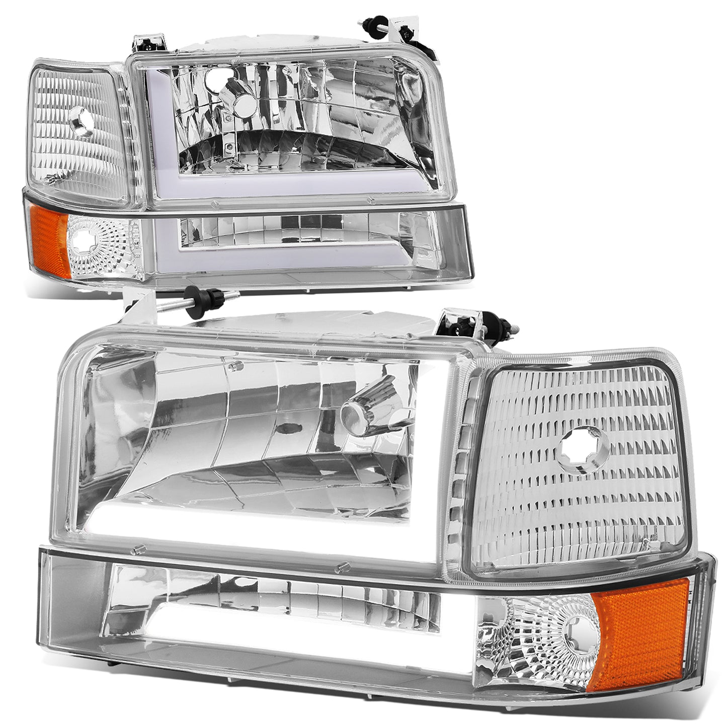 FAROS 92-96 FORD F-150, F-250, F-350 BRONCO - FITS MODELS WITH HALOGEN HEADLIGHTS ONLY - DUAL LED DRL - 4PC - CHROME HOUSING / AMBER CORNER - 9007 LOW BEAM / HIGH BEAM / 194 MARKER