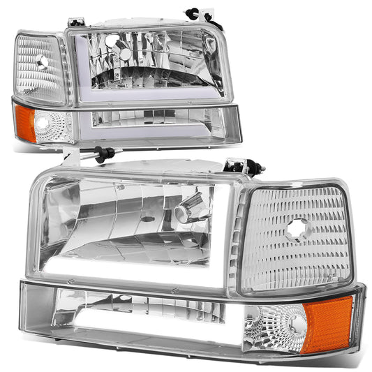 FAROS 92-96 FORD F-150, F-250, F-350 BRONCO - FITS MODELS WITH HALOGEN HEADLIGHTS ONLY - DUAL LED DRL - 4PC - CHROME HOUSING / AMBER CORNER - 9007 LOW BEAM / HIGH BEAM / 194 MARKER