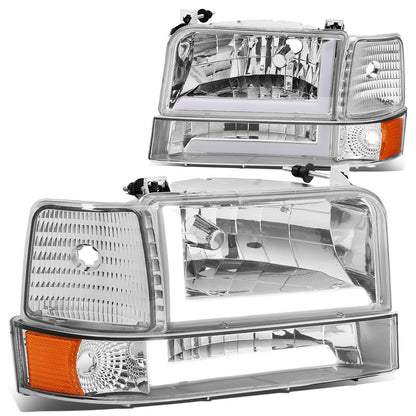 FAROS 92-96 FORD F-150, F-250, F-350 BRONCO - FITS MODELS WITH HALOGEN HEADLIGHTS ONLY - DUAL LED DRL - 4PC - CHROME HOUSING / AMBER CORNER - 9007 LOW BEAM / HIGH BEAM / 194 MARKER