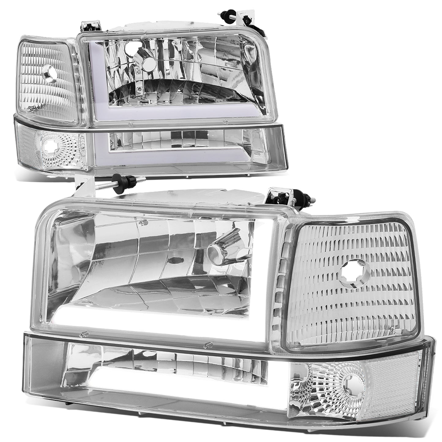 FAROS 92-96 FORD F-150, F-250, F-350 BRONCO - FITS MODELS WITH HALOGEN HEADLIGHTS ONLY - DUAL LED DRL - 4PC - CHROME HOUSING / CLEAR CORNER