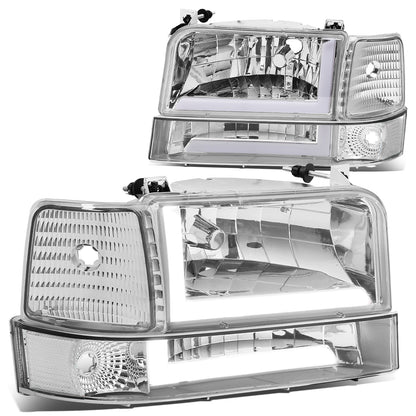FAROS 92-96 FORD F-150, F-250, F-350 BRONCO - FITS MODELS WITH HALOGEN HEADLIGHTS ONLY - DUAL LED DRL - 4PC - CHROME HOUSING / CLEAR CORNER