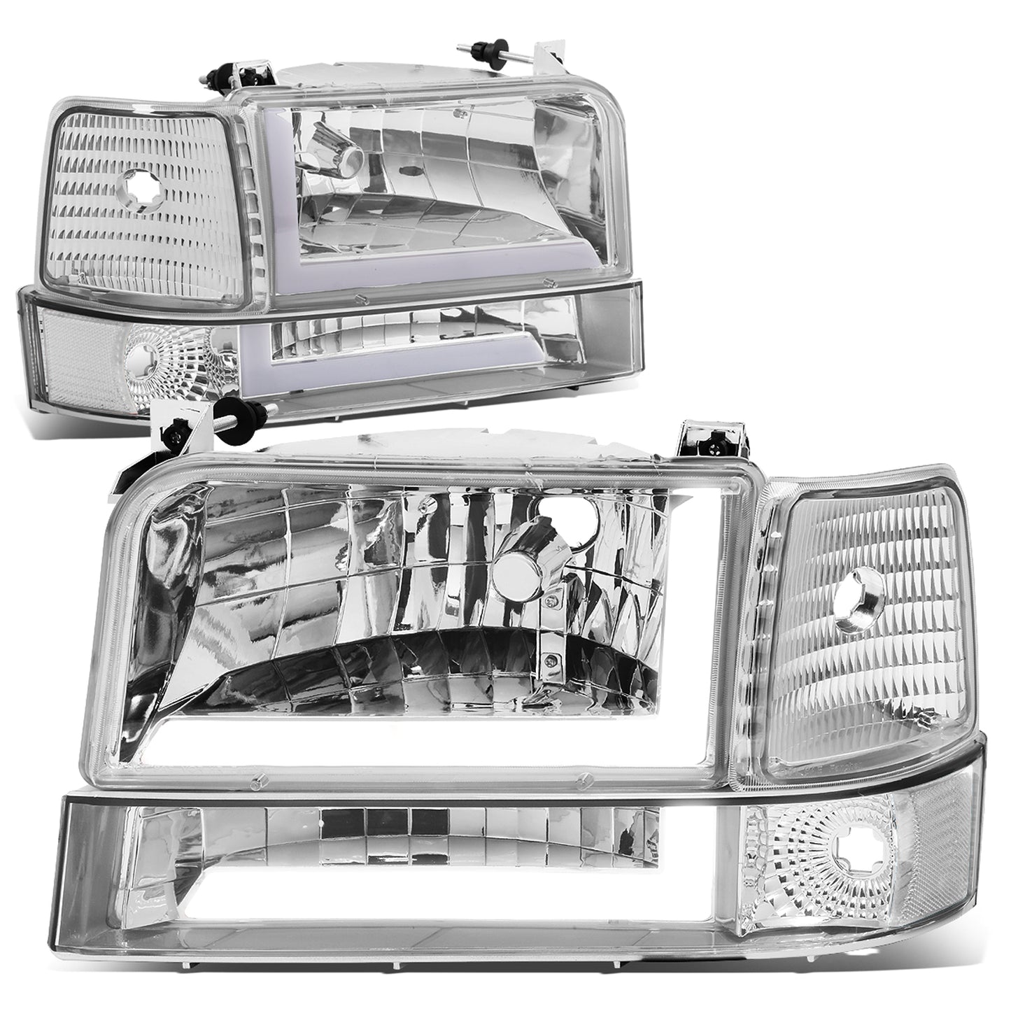 FAROS 92-96 FORD F-150, F-250, F-350 BRONCO - FITS MODELS WITH HALOGEN HEADLIGHTS ONLY - DUAL LED DRL - 4PC - CHROME HOUSING / CLEAR CORNER