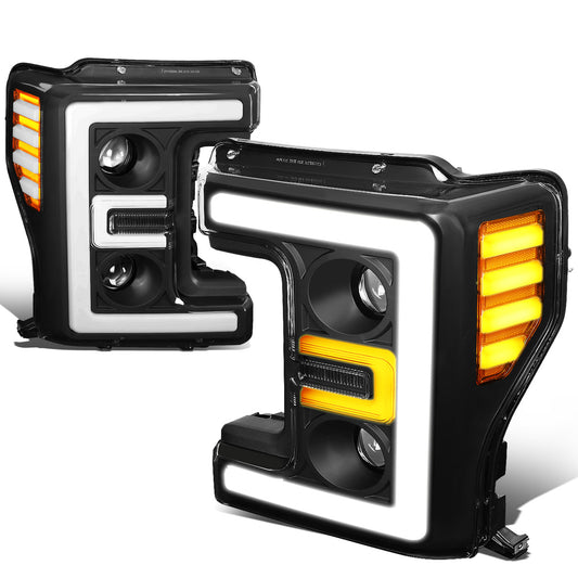 FAROS 17-19 FORD F-250 , F-350 , F-450 , F-550 SUPER DUTY - ONLY FITS HALOGEN HEADLIGHT MODELS - 3D - LED DRL - PROJECTOR - BLACK HOUSING / AMBER CORNER - H1 LOW BEAM / H1 HIGH BEAM