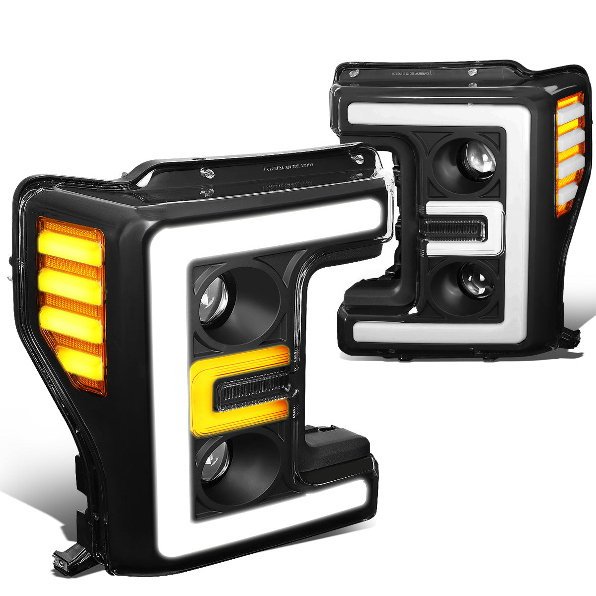FAROS 17-19 FORD F-250 , F-350 , F-450 , F-550 SUPER DUTY - ONLY FITS HALOGEN HEADLIGHT MODELS - 3D - LED DRL - PROJECTOR - BLACK HOUSING / AMBER CORNER - H1 LOW BEAM / H1 HIGH BEAM
