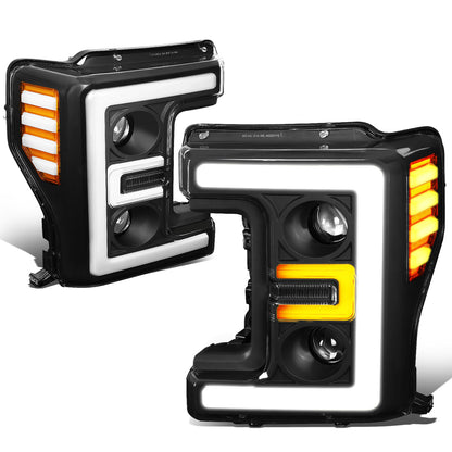 FAROS 17-19 FORD F-250 , F-350 , F-450 , F-550 SUPER DUTY - ONLY FITS HALOGEN HEADLIGHT MODELS - 3D - LED DRL - PROJECTOR - BLACK HOUSING / AMBER CORNER - H1 LOW BEAM / H1 HIGH BEAM
